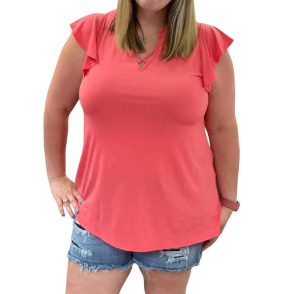 NEW HONEYME ruffle sleeve top in coral - Picture 1 of 2